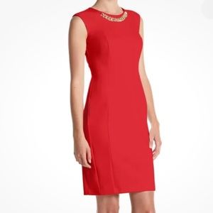 CALVIN KLEIN Red Chain Neckline Ponte Sheath Dress NWOT